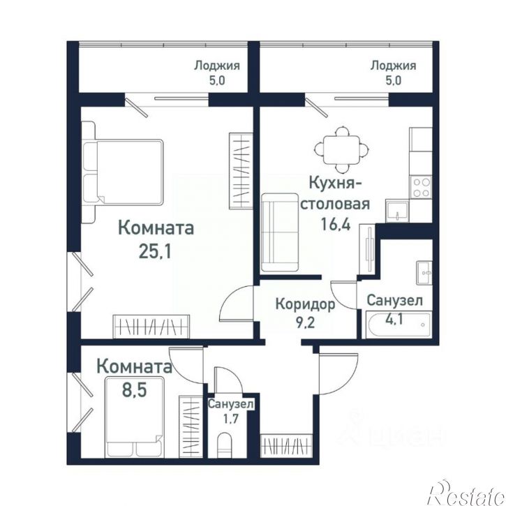 2-комн квартира в новом доме посёлок Западный